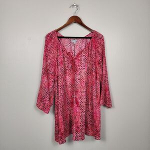 CATHERINES | Sequin Trim Gauze Peasant Blouse Sz 6x Pink Burst Textured Stencil